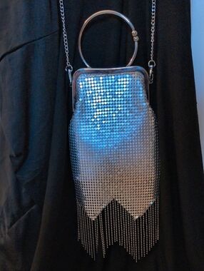 Gianni Bini Silver Chainmail Fringe Evening Bag with Ring Handle